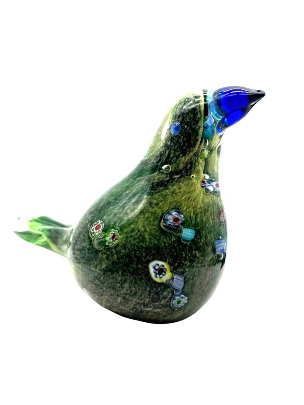 Handblown Green Millefiori Art Glass Bird Figurine Blue Beak Tail  5.5 L X 4" H - Picture 2 of 6